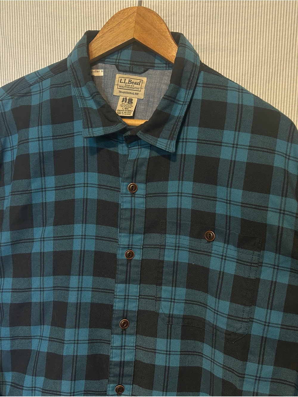L.L. Bean Blue and Black Plaid Men's Button-Down Shirt